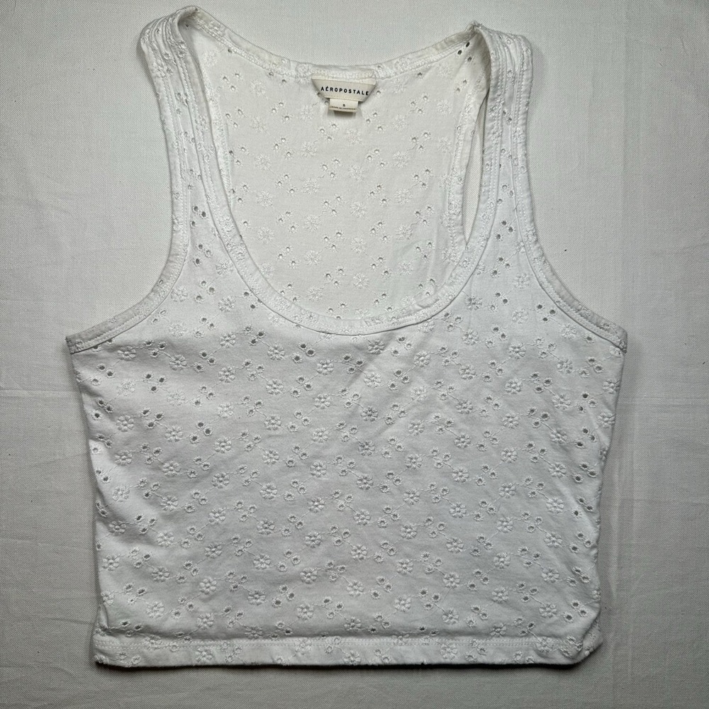 Vintage Y2K Aeropostale White Embroidered Cropped Tank‎ Top Scoop Neck S